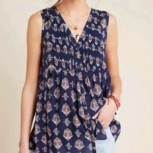 Anthropologie Maeve Womens Blue Button Up V-Neck Bailee Pleated Tank Top XS 965